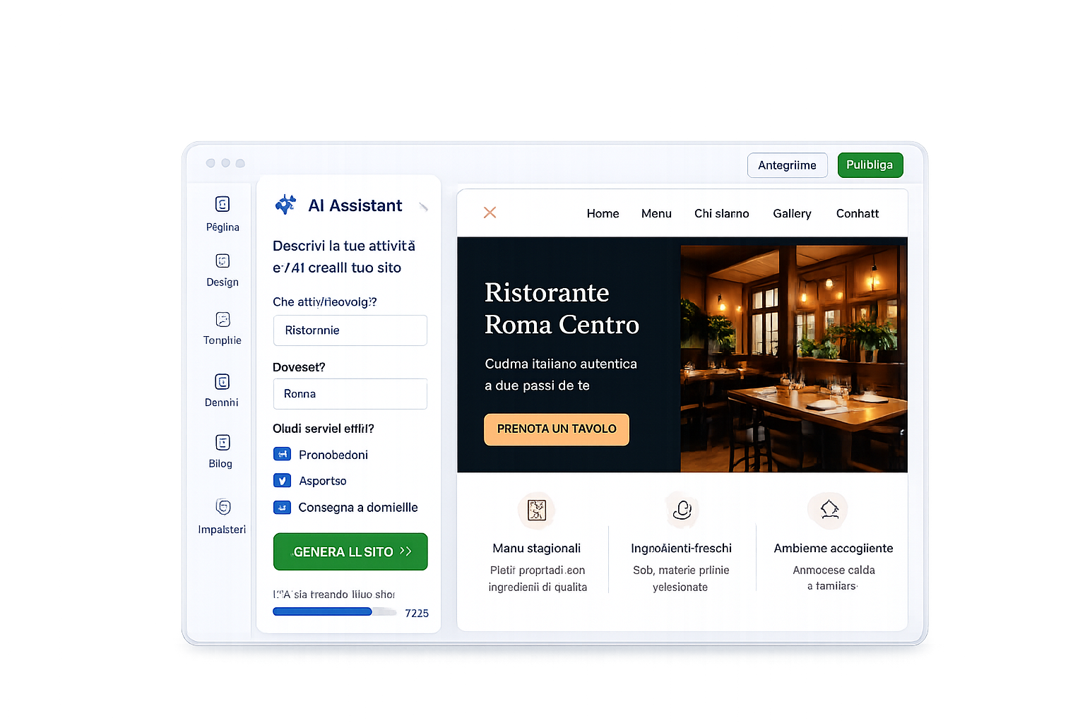 Mockup editor Sito Facile con AI Assistant che genera un sito web per un ristorante